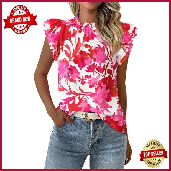 Tops - Chiffon Ruffle Blouse with Keyhole Back, Lightweight Summer Top
